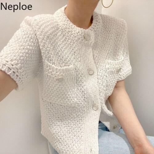 Neploe Korean Cardigan Women Knitwear Short Sleeve Single Breasted Sweater O Neck Knitted Tops 2021 Fashion White Coat Femme
