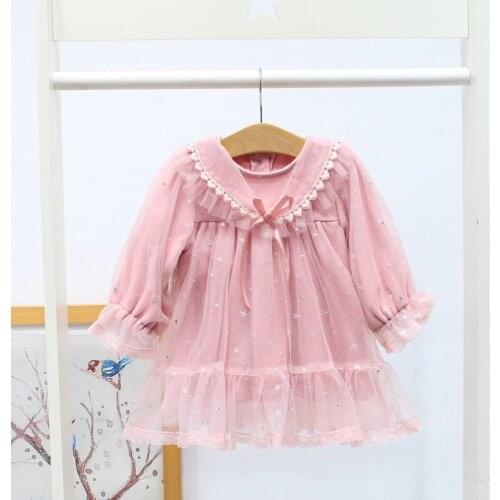 Girls Dress Brand Kids Clothes Lace Lantern Sleeve A-line Birthday Party Dress with Stars For 0-3 Years 2 Color
