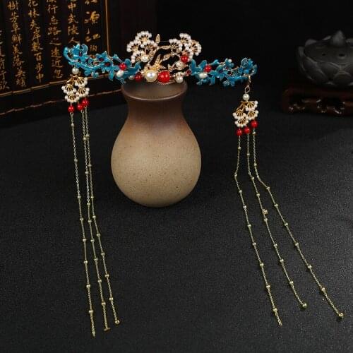 Hand Cloisonne Antique Hair pearl tassels hairpin crowns made out Phoenix Chinese clothes headdress hairpin with jewelry