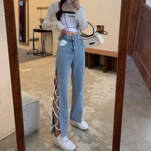 Wide Leg Jeans Women High Waist 2021 Vintage Summer New Side Slit Irregular High Waist Bandage Jeans Girl Loose Casual Pants