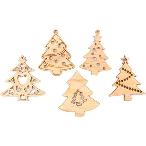 Mix Wooden Christmas Tree Pattern Hanging Ornament Charm Scrapbooking Handmade Accessory Home Decoration DIY 44mm 10pcs