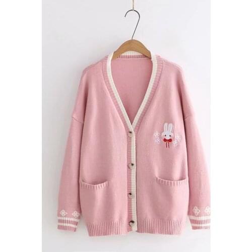 New Autumn Korean Mori Girl Sweet Lolita Cute Bunny Embroidery Knitted Sweater Japanese Women Long Sleeve Cardigan Coat Knitwear