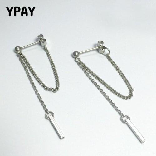 YPAY 100% Real 925 Sterling Silver After Hanging Type Tassel Strip Stud Earrings For Women Girls 2018 Fine Jewelry Gifts YME175