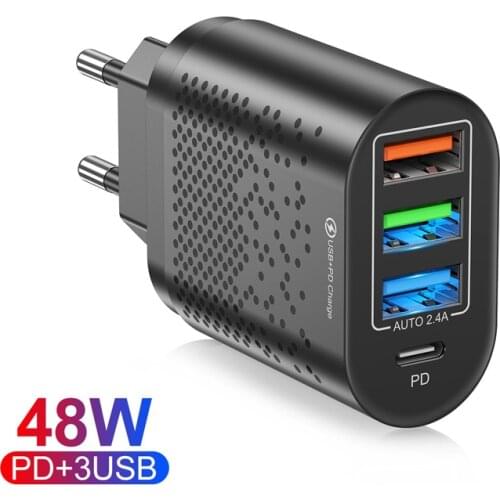 48W PD+3USB EU/US/UK Plug Mobile Phone Charger For iPhone Samsung Xiaomi 3 Port 48W Fast Wall Chargers