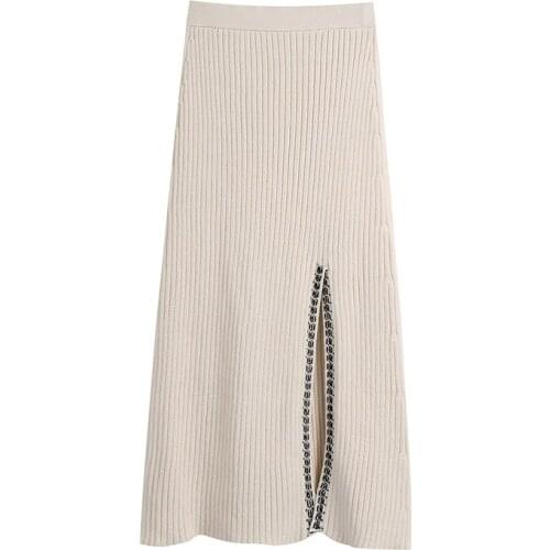 Women 2021 Fashion With Stitching Side Vents knit skirt Vintage elegant High Elastic Waist Knitted midi Female Skirts Mujer