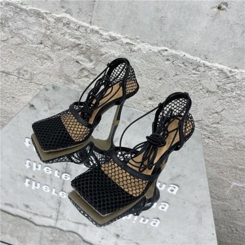 2021 New Sexy Yellow Mesh Pumps Sandals Female Square Toe high heel Lace Up Cross-tied Stiletto hollow Dress shoes