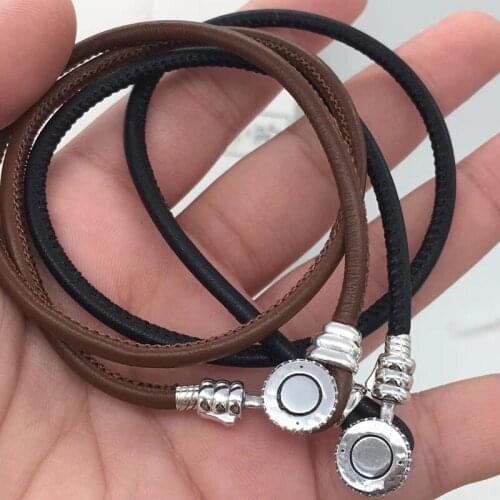 2018 Summer New MOMENTS black or brown Leather Hand bracelets fit 925 sterling silver Jewelry charms beads DIY for Women BR068