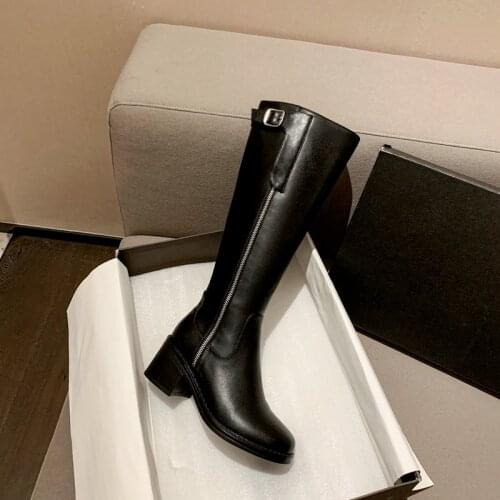 2021 Women Knee-high Boots Natural Leather Shoes 6.5cm Heel Spring Autumn Cow Leather Zipper Chunky Heel Buckle