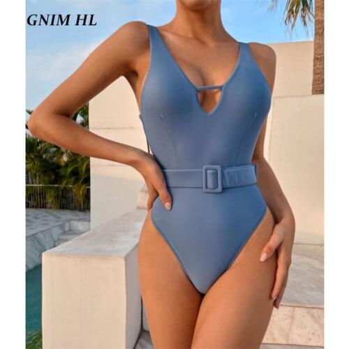 GNIM V Neck Swimwear Women 2021 New Solid Backless One-Piece Swimsuit With Belt Summer Beachwear Swimming Suit For Women Biquini