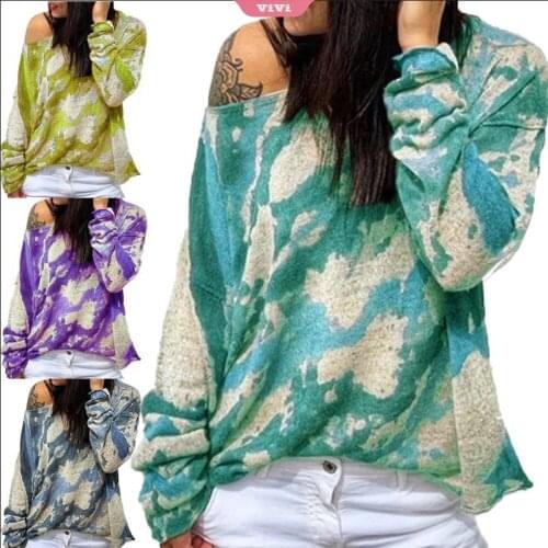 Womens Knitted Sweater Fashion Oversized Pullover Ladies Winter Loose Sweater Tie Dye Long Sleeve Womens Pullover Knit