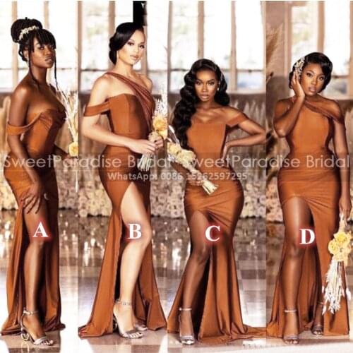Bronze Mermaid Bridesmaid Dresses With High Split Long African Women Formal Wedding Party Dress Robe De Soiree De Mariage