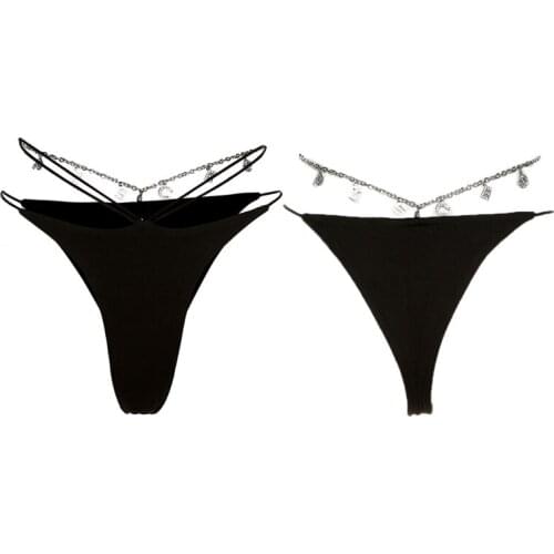066C Women Sexy Low Rise Panties Thong Harajuku Rhinestone Letters Pendant Chain Strappy Briefs Underwear Club Party Jewelry