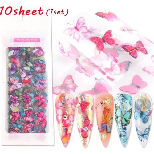 10 Sheets Charms Design Butterfly Nail Art Stickers Flowers Nail Sticker Transfer Glue Decals for Nails Decorations Nail Art