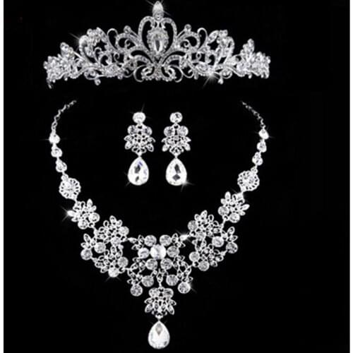 2019 Silver Color Crystal Necklace Earrings for Women Wedding Jewelry Sets Whit K Plated Bridal Jewelry Set With Tiaras & Crowns