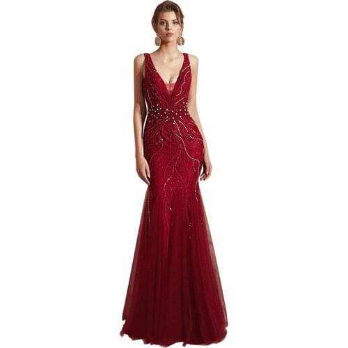 2020 Classic V Neck Backless Mermaid Prom Dress Evening Gown with Hand-Made Beading