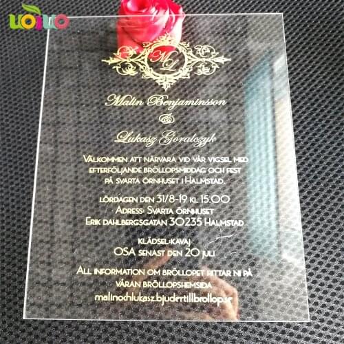 30pcs print metallic effect gold or silver custom acrylic wedding invitation card