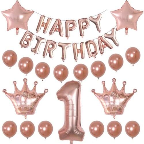 32Pcs Rose Gold Crown Birthday Balloons Helium Number Foil Balloon For Boy Girl 1st Birthday Party Decorations Kids Baby Shower