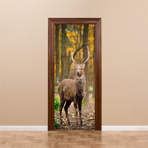 3D Imitation Elk Forest Door Stickers For Bedroom Living Room Creative Removable Decor Decal Waterproof Self Adhesive Wallpaper