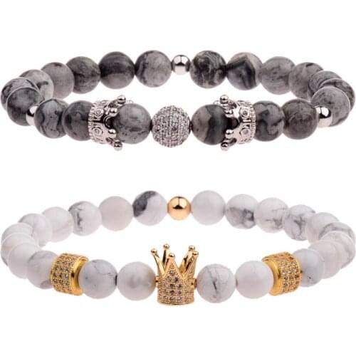 Amader 4 Style Luxurious Cz Crown King Beads Couple Bracelets Handmade Women&Men Distance Gray&White Stone Bracelet For Lovers