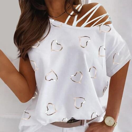 Irregular White Tops For Women Ladies Fashion Sexy Love Print Round Neck Strapless Short Sleeve Clothes Blouses Et Chemises
