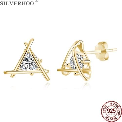 SILVERHOO 925 Sterling Silver Simple Geometry Triangle Earring Studs Shiny Round Cubic Zircon Earrings For Women Luxury Jewelry