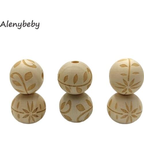 Engraving Printing Wooden Round Beads Teether Loose Natural Wood Ball Jewelry Making Bracelet Necklace DIY Teething Accessories