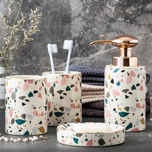 Ceramic Bathroom 4/pieces of Household Bathroom Push Type Lotion Bottle/soap Dish/mouthwash Cup/wooden Storage Tray Decoration