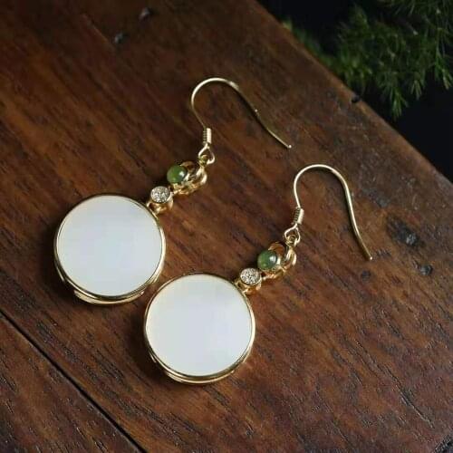 Natural Hetian Jade Classical Retro Long Elegant White Jade round Ring Earrings Court Earrings Elegant High-End Earrings for Wom