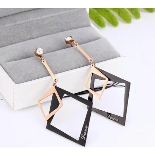 Rose Gold black Titanium steel Korea Senior Geometric Rhombus Huggie Stud Earrings Crystals CZ comes with a 100% Guarantee