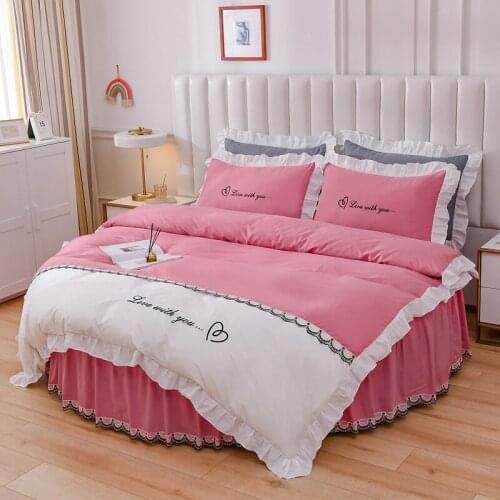 Round Bed 4 PCS 100% Cotton Embroidery Edge Pillowcase & Duvet Cover Fitted Sheet and Bed Skirt Sets 200cm 220cm for home