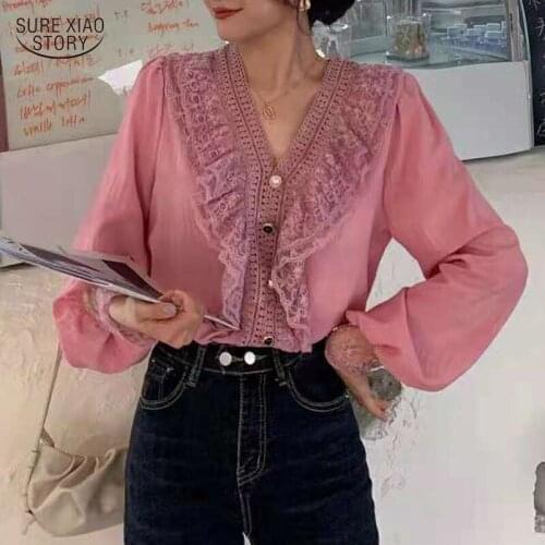 Lace V-neck Lantern Sleeve Top Womens Autumn New Style Fashion Lace Women Shirt Long-sleeved Solid Commuter Blouse Women 16201