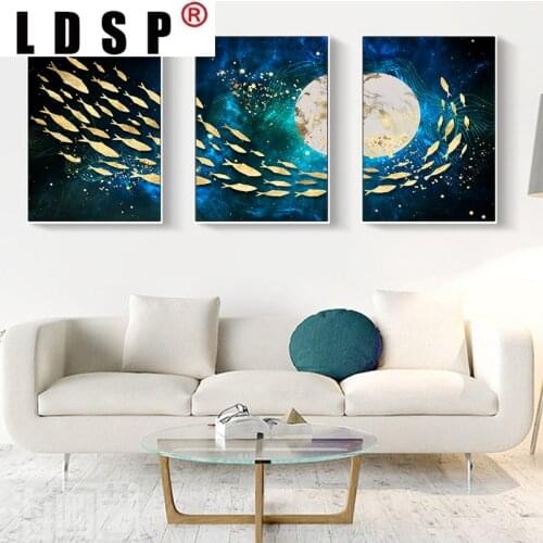 LDSP Scape Canvas Painting Golden Fish Moon Abstract Wall Poster Modern Print Picture Art Living Room Entrance Home Decoration