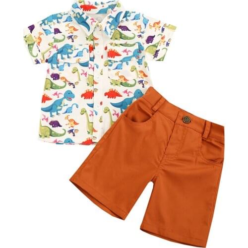Summer New Baby Boy’s Clothes Set Fresh Pineapple/Dinosaur Short Sleeve Bow Shirt and Solid Color Shorts Toddler Beachwear Suit