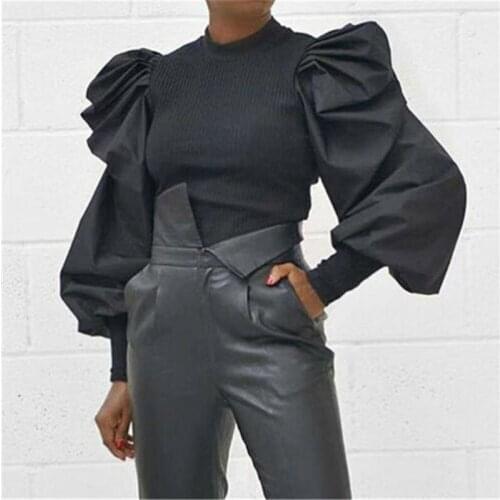 Musuos Hot Fashion Women T-shirt Tops Fall Europeran Stylish Puff Sleeve O Neck Ribbed Knit Patchwork Slim Pullovers Lady Blouse