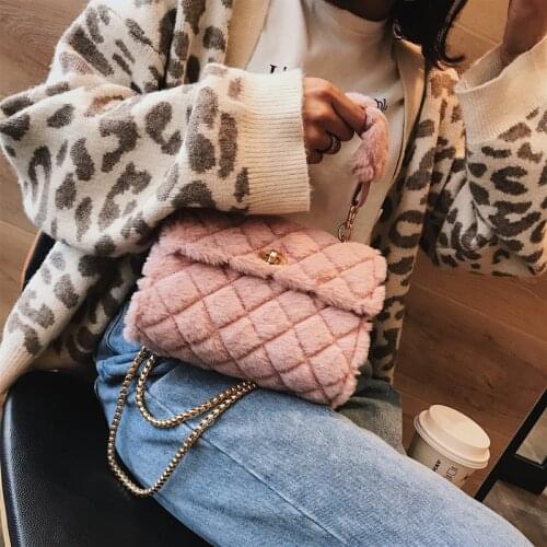 Diamond lattice fashion women hand bag and purse faux fur crossbody bags winter shoulder bag