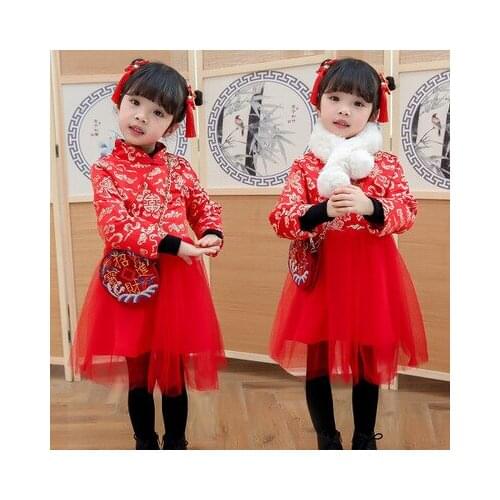 New 3-7 years old children cheongsam dress national style winter new year dress plus velvet long sleeve girl baby cheongsam dres
