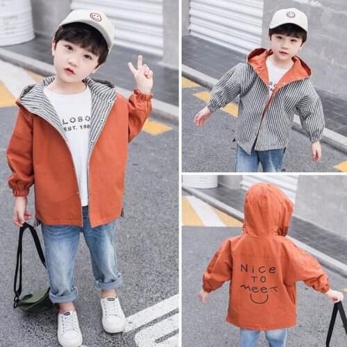 Spring New 1-6Yrs Childrens Clothes Baby Windbreaker Jacket For Boy Double-faced Hooded Cotton Plaid StripeTrench Kids Tops