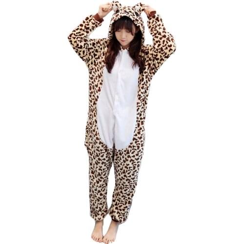 Kigurumi Leopard Bear Pajamas Adults Animal Onesies Winter Sleepwear Women Men Flannel Nightwear Cosplay Costumes