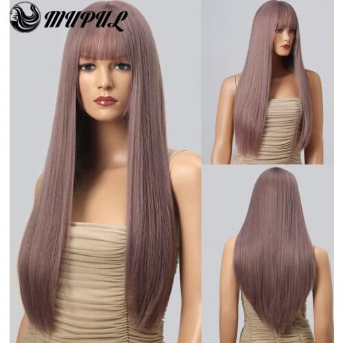Straight Purple Long Nutural Colored Daily Synthetic Wig For White Women With Bangs Fiber Heat Resistant Party Hair Cosplay Wigs