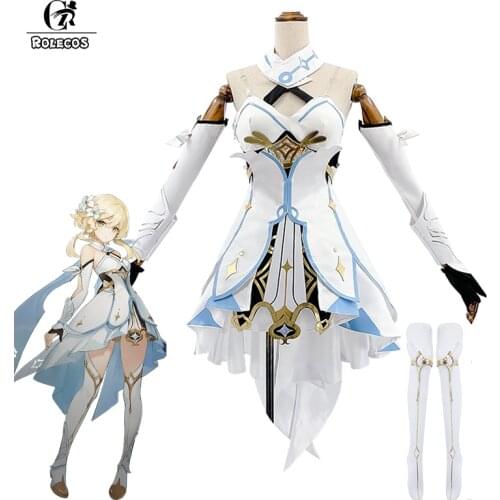 ROLECOS Genshin Impact Cosplay Costume Traveler Lumine Cosplay Costume Women White Costume Halloween Dress Stocking Belt Suit
