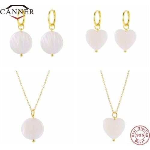 CANNER 925 Sterling Silver White Round Heart-shaped shell Pendant Necklace Hoop Earrings for Women Piercing Earring Fine Jewelry