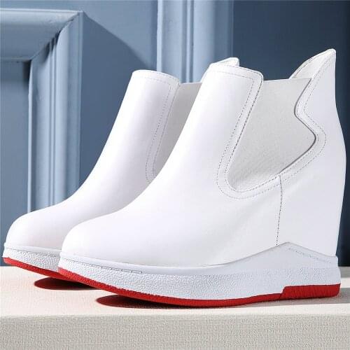 Wedges Platform Pumps Shoes Women Genuine Leather High Heel Ankle Boots Female High Top Round Toe Fashion Sneakers Casual Shoes