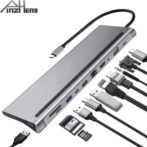 PINZHENG USB Type C HUB To 3.0 USB HDMI VGA For MacBook Pro RJ45 USB 3.0 HUB Accessories USB Splitter USB-C 11-In-1 HUB Adapter