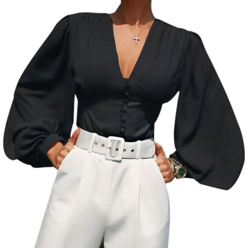 Sexy Lady Deep V Neck Blouse 2021 Fashion Women Lantern Long Sleeve Solid Color Black Slim Fit Shirt Spring Autumn Casual Top