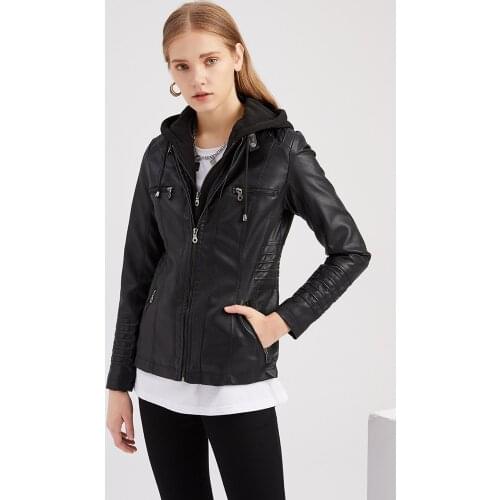 Spring And Autumn Coat Womens Pu Washed Belt Hood Jacket Faux Leather Jacket With Pocket And Zipper Womens Fashion 2021
