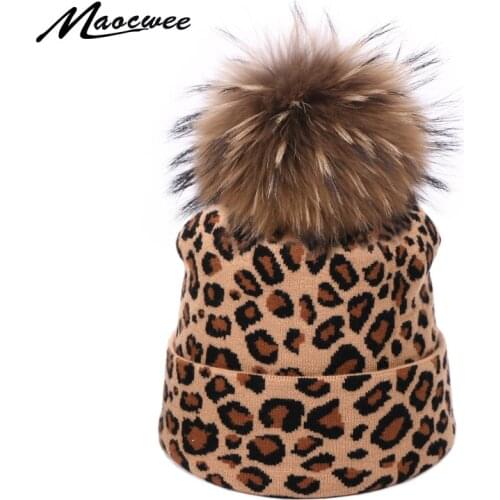New Leopard Print Beanie Hat For Women Autumn Winter Warm Outdoor Beanies Skullies Hats Elasticity Real Fur Pom Pom Hedging Hat