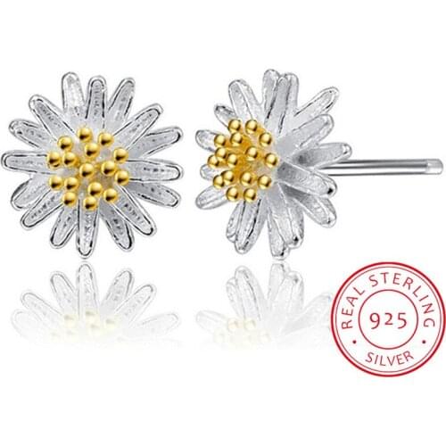 2019 Sweet Cute Simple Zircon Daisy Flower Sunflower 925 Silver Stud Earrings for Women Girls Charm Statement Jewelry Gift