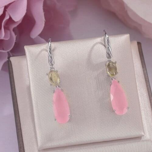 Fine Jewelry 100% Silver Sterling 925 Dangle Earrings For Women Rose Quartz Natural Water Drop Tear Drop Earring Eardrop CCEI032