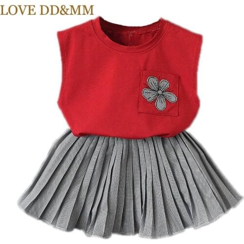 LOVE DD&MM Girls Sets 2021 Summer New Girls Clothing Sleeveless Pocket Flower Cotton Vest T-Shirts + Plaid Skirts Kids Clothes