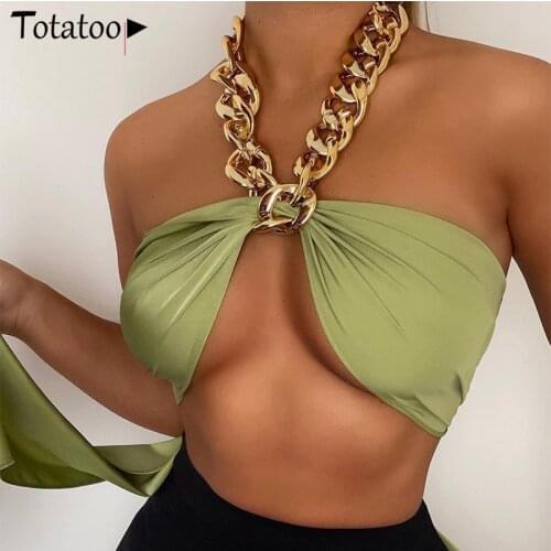 Totatoop Chic Fashion Metal Chain Halter Crop Top For Women 2021 Summer Backless Lace Up Bandge Wrap Chest Sexy SatinTank Top